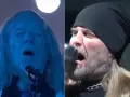 Deux chanteurs de Drowning Pool en pleine performance, l'un éclairé en bleu, l'autre avec un bonnet noir.