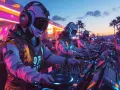 Trois DJs futuristes mixent de la musique electro sous un ciel crépusculaire, éclairés par des néons roses et bleus.