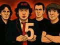 Le groupe ACDC, cinq membres en portrait stylisé. L'un porte une casquette AC/DC et une veste, tenant un grand chiffre 5.