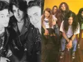 Groupe australien année 90, deux groupes de rock côte à côte, l'un en noir et blanc, l'autre en couleur.