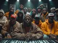 Un groupe d'hommes, représentant les différents styles de rap français, pose dans un studio d'enregistrement.