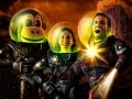 Andreas et Nicolas, trois astronautes, un singe et deux hommes, dans des combinaisons spatiales, prêts pour une mission intergalactique.