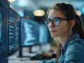 Une jeune femme programmeuse, tel une dj femme techno, travaille sur des lignes de code complexes devant plusieurs écrans lumineux.