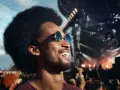 Un homme souriant avec des lunettes de soleil et des bouchons d'oreilles, profitant d'un concert en plein air. Le port des bouchons d'oreilles est obligatoire pour protéger son audition.