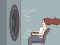 Une femme assise, les cheveux au vent, face à un haut-parleur. Le son est si fort qu'il en devient une force physique, illustrant la définition du décibel.