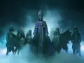 Le groupe Ghost, dans une ambiance brumeuse, entoure un personnage central en robe violette. L'album "Ghost" est évoqué par cette scène macabre.