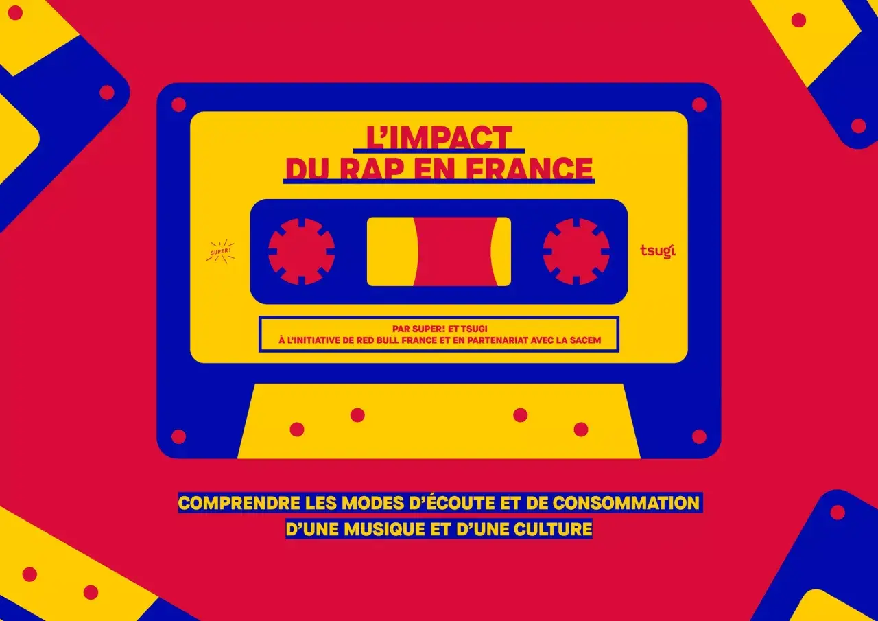 Bandeau jaune et bleu sur fond rouge, style cassette audio, avec le titre "L'IMPACT DU RAP EN FRANCE". Texte en français.