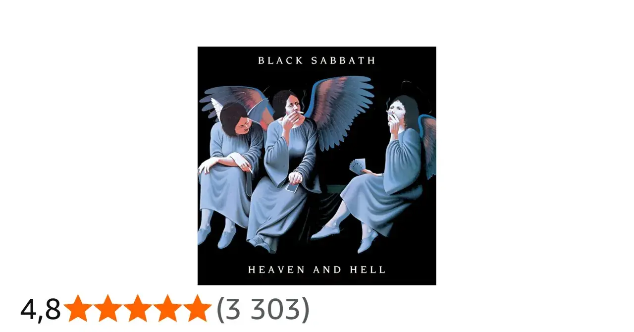 Trois anges aux ailes bleues, fumant des cigarettes, sur la pochette de l'album "Heaven and Hell" de Black Sabbath.