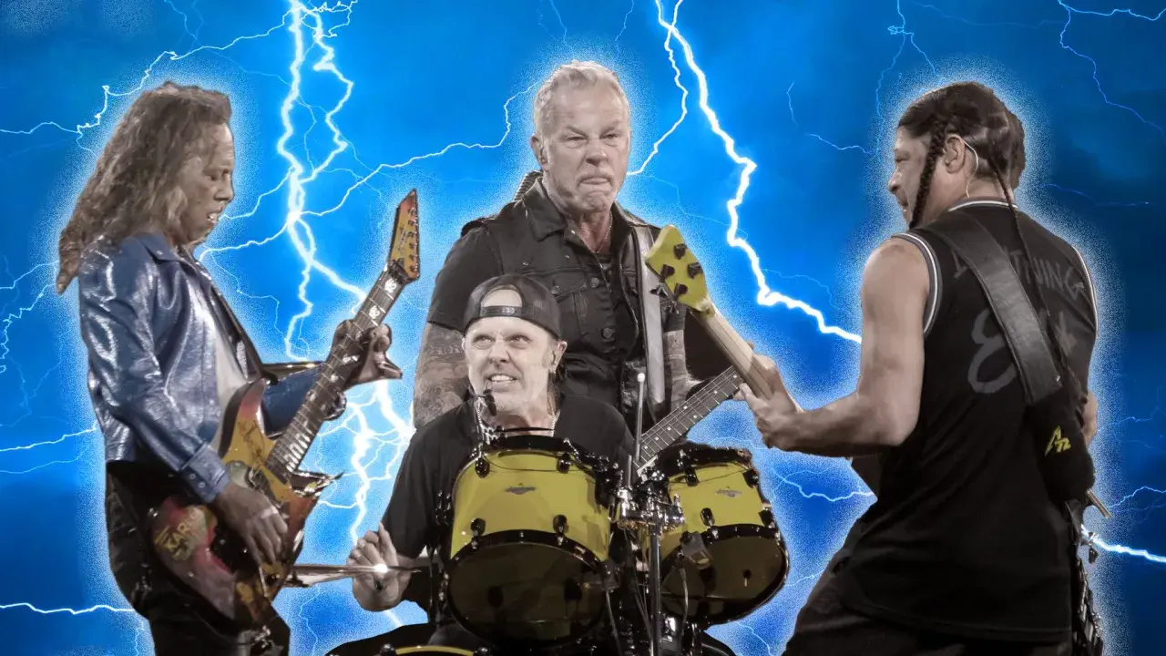 Le groupe Metallica en pleine action, avec des éclairs en arrière-plan, évoquant l'énergie de leur album.
