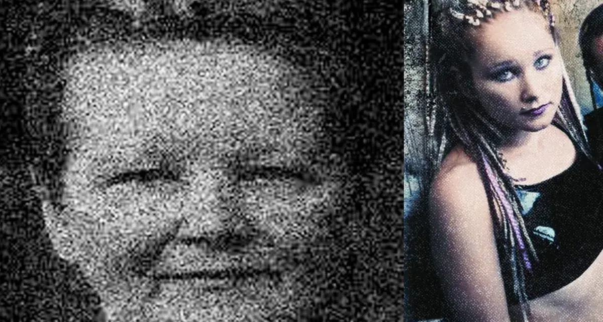 Visage granuleux d'un homme à gauche, et à droite, une jeune femme aux tresses colorées, peut-être Rayna Foss, avec un regard intense.
