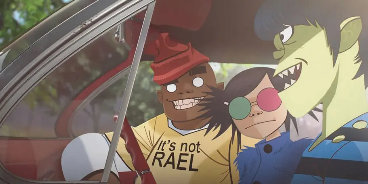 Les membres des Gorillaz dans une voiture, prêts pour une nouvelle aventure musicale. Ces personnages iconiques ont marqué plusieurs albums de Gorillaz.