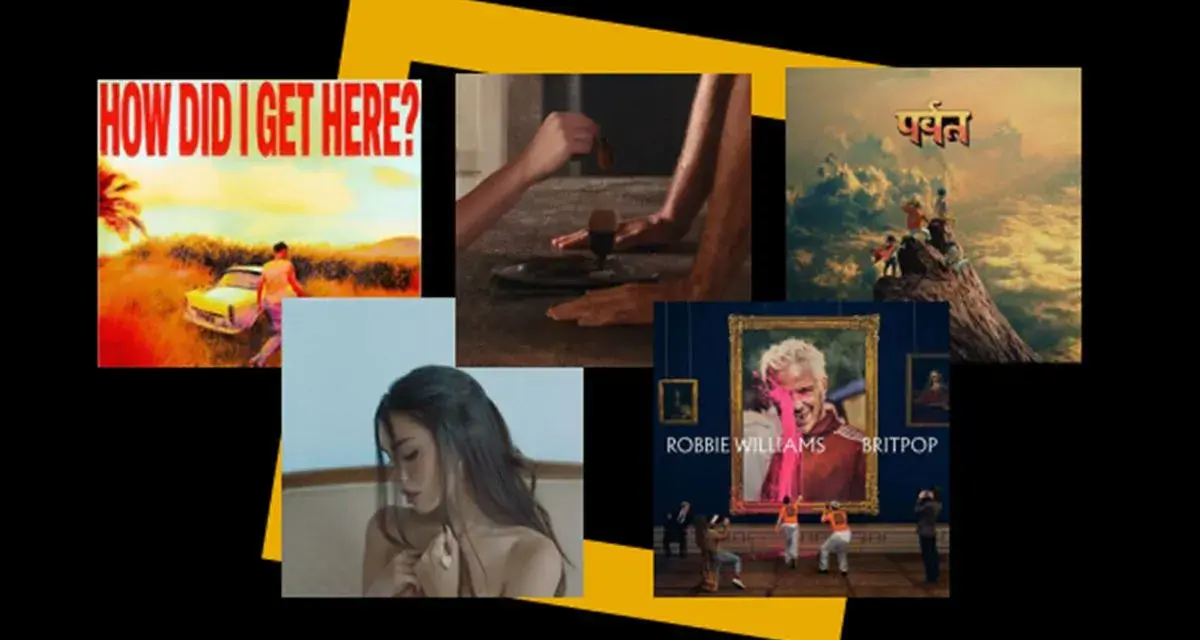 Collage d'images pour une sortie d'album : pochette "How Did I Get Here?", scène mystérieuse, album "Parvat", portrait de Robbie Williams, et une femme.