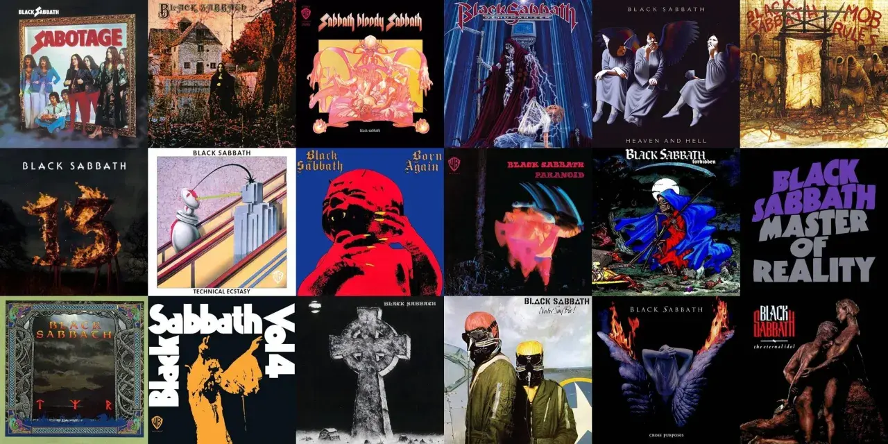 Collection d'albums emblématiques de Black Sabbath, incluant "Paranoid", "Master of Reality" et "Born Again".