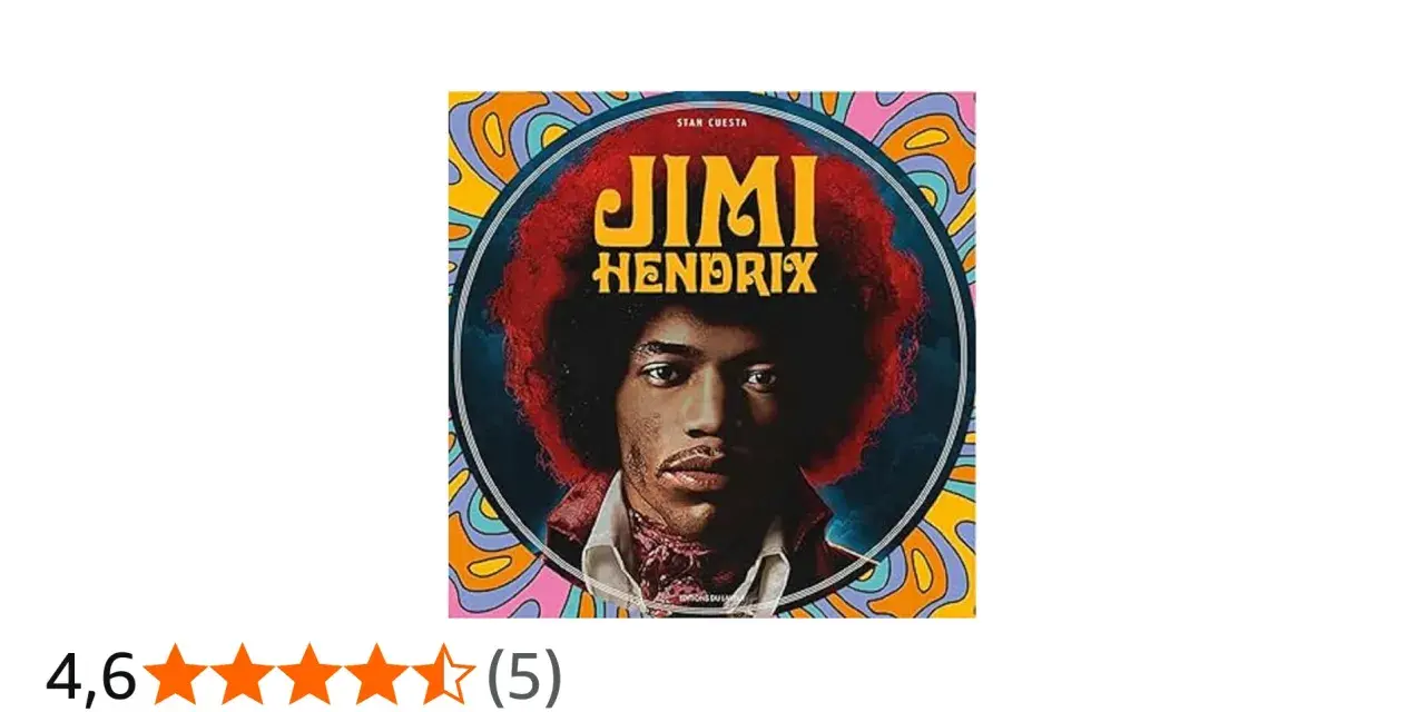 Jimi Hendrix, icône psychédélique, sur la couverture de sa discographie. Un portrait saisissant avec son afro rouge flamboyant.