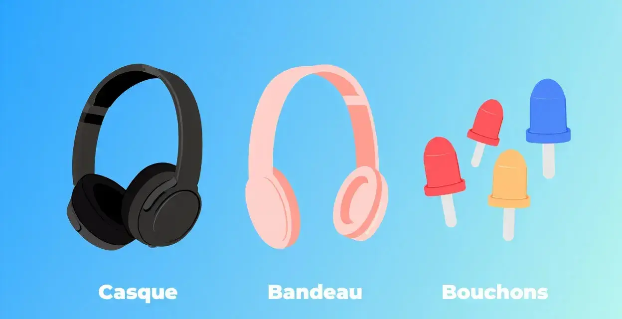 Casque noir, bandeau rose et bouchons colorés pour une isolation sonore parfaite.