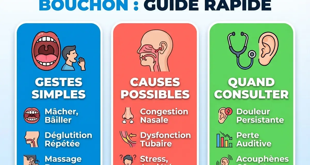 Guide rapide sur l'oreille bouchée : gestes simples, causes possibles (congestion nasale, dysfonction tubaire, stress) et quand consulter (douleur, perte auditive, acouphènes). Évitez le bouchon oreille interne.