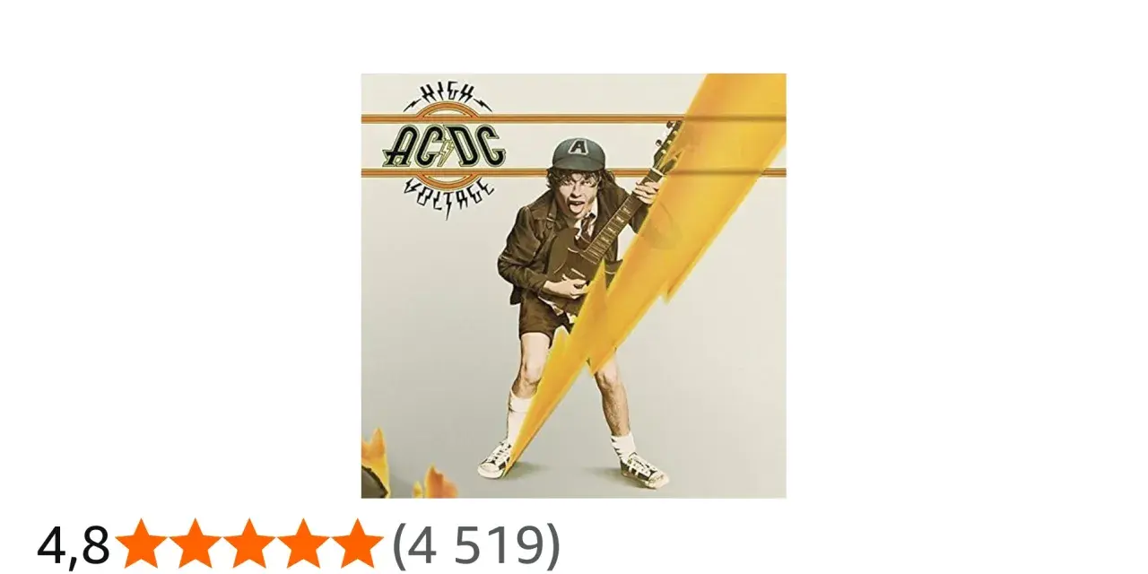 Couverture du premier album d'ACDC, "High Voltage", avec un jeune homme jouant de la guitare sous un éclair jaune.