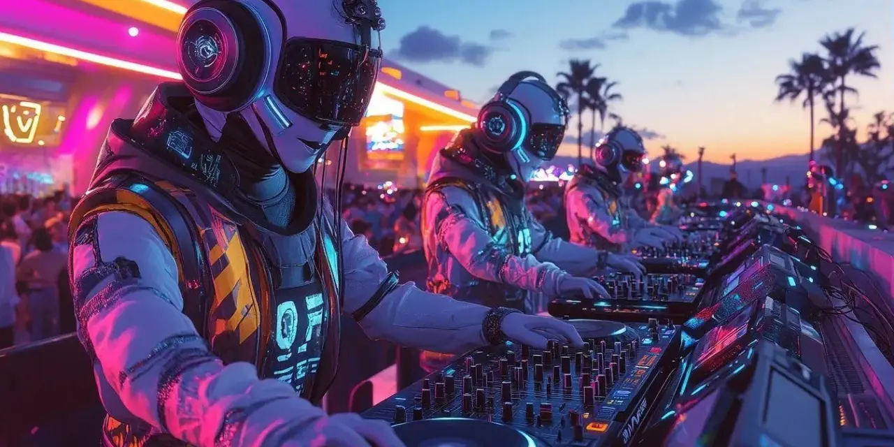 Trois DJs futuristes mixent de la musique electro sous un ciel crépusculaire, éclairés par des néons roses et bleus.