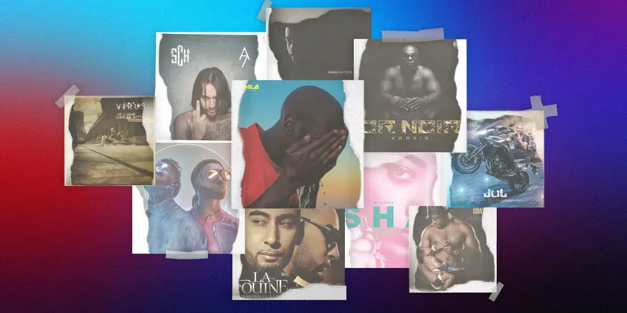 Collage d'albums de rap français, dont SCH, Kaaris, Jul. Un ancien rappeur français est représenté sur plusieurs pochettes.