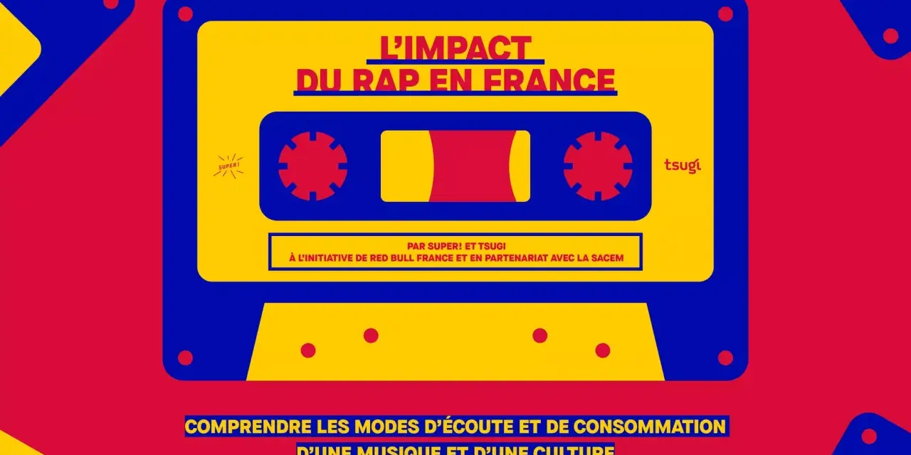 Bandeau jaune et bleu sur fond rouge, style cassette audio, avec le titre "L'IMPACT DU RAP EN FRANCE". Texte en français.