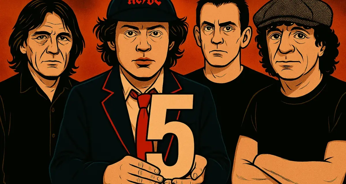 Le groupe ACDC, cinq membres en portrait stylisé. L'un porte une casquette AC/DC et une veste, tenant un grand chiffre 5.