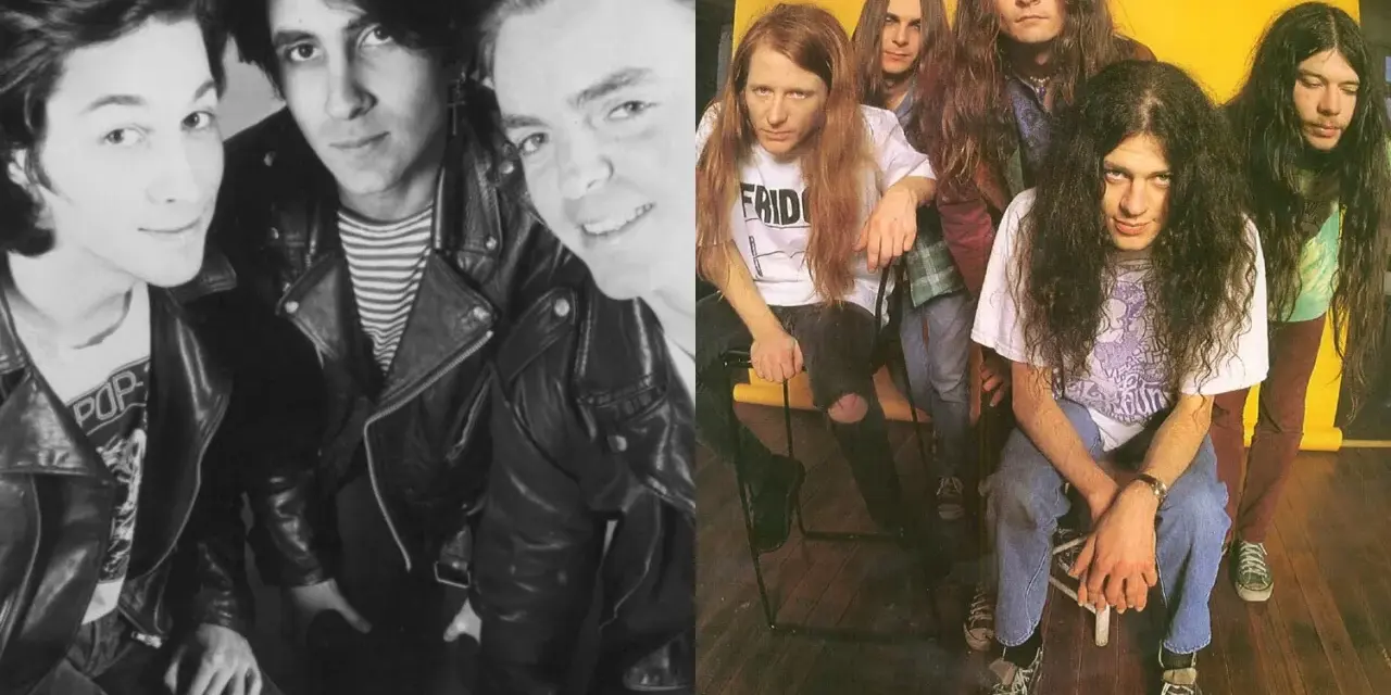 Groupe australien année 90, deux groupes de rock côte à côte, l'un en noir et blanc, l'autre en couleur.