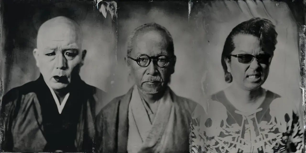 Trois portraits en noir et blanc de visages japonais. Le premier, chauve, porte une tenue sombre. Le second, avec des lunettes rondes, a une moustache. Le troisième, avec des lunettes de soleil, arbore un motif de crâne, évoquant un style metal japonais.