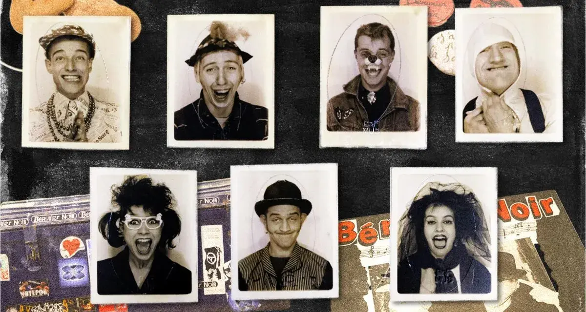 Portraits des membres de Bérurier Noir, certains grimés, sur un fond sombre avec des éléments graphiques.