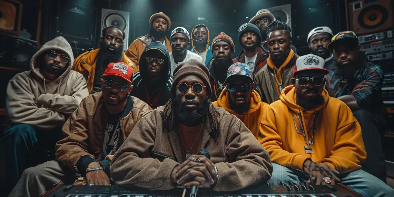 Un groupe d'hommes, représentant les différents styles de rap français, pose dans un studio d'enregistrement.