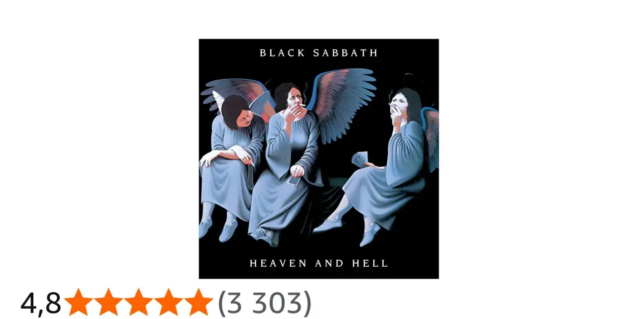 Trois anges aux ailes bleues, fumant des cigarettes, sur la pochette de l'album "Heaven and Hell" de Black Sabbath.