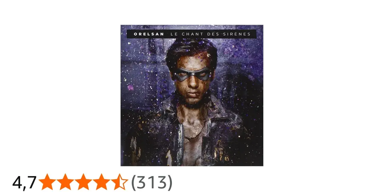 Pochette de l'album "Le Chant des Sirènes" d'Orelsan, avec le rappeur au regard intense, masqué, sous une pluie de paillettes.