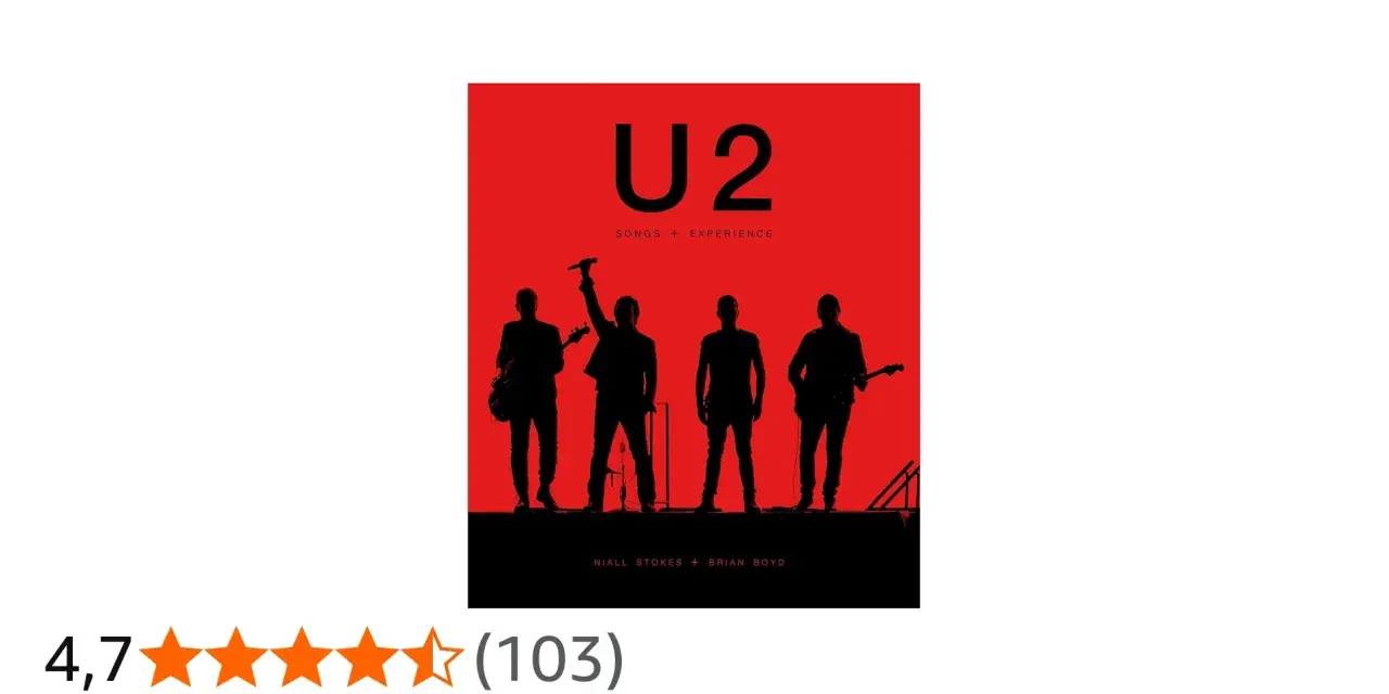 La pochette de l'album "Songs + Experience" de U2, avec le groupe en silhouette sur fond rouge.