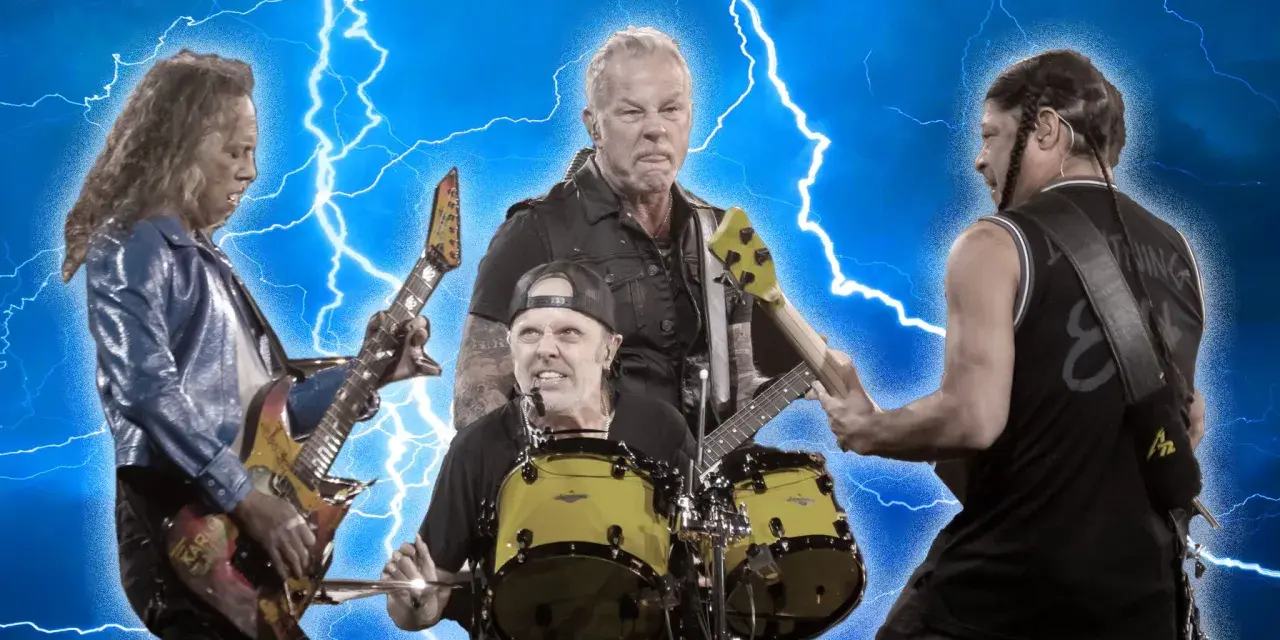 Le groupe Metallica en pleine action, avec des éclairs en arrière-plan, évoquant l'énergie de leur album.