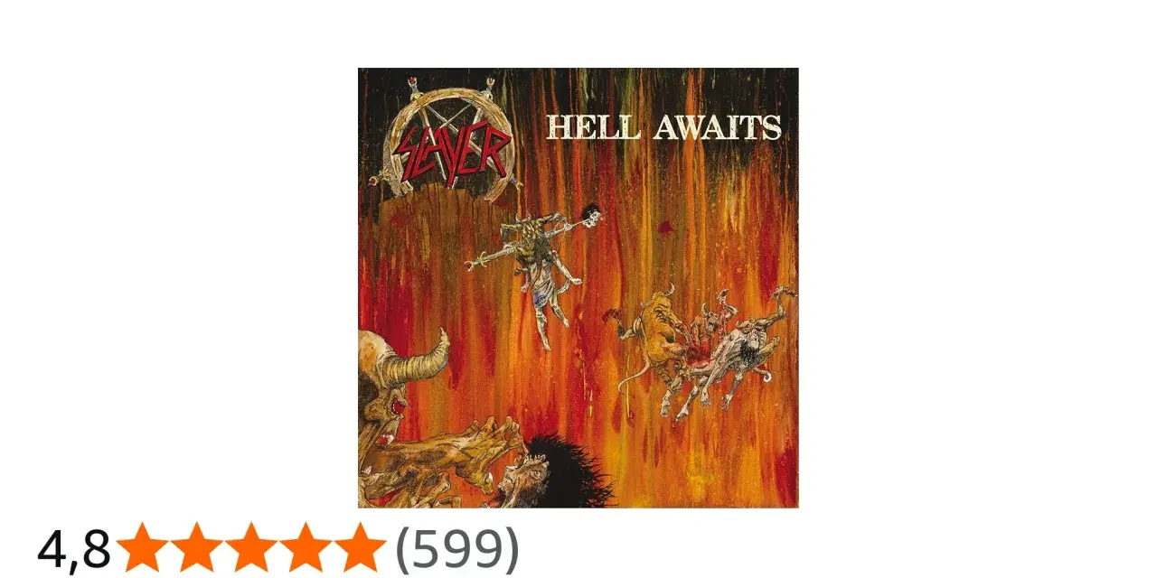 La pochette de l'album "Hell Awaits" de Slayer, une œuvre d'art démoniaque et enflammée, parfaite pour les amateurs de leurs albums.