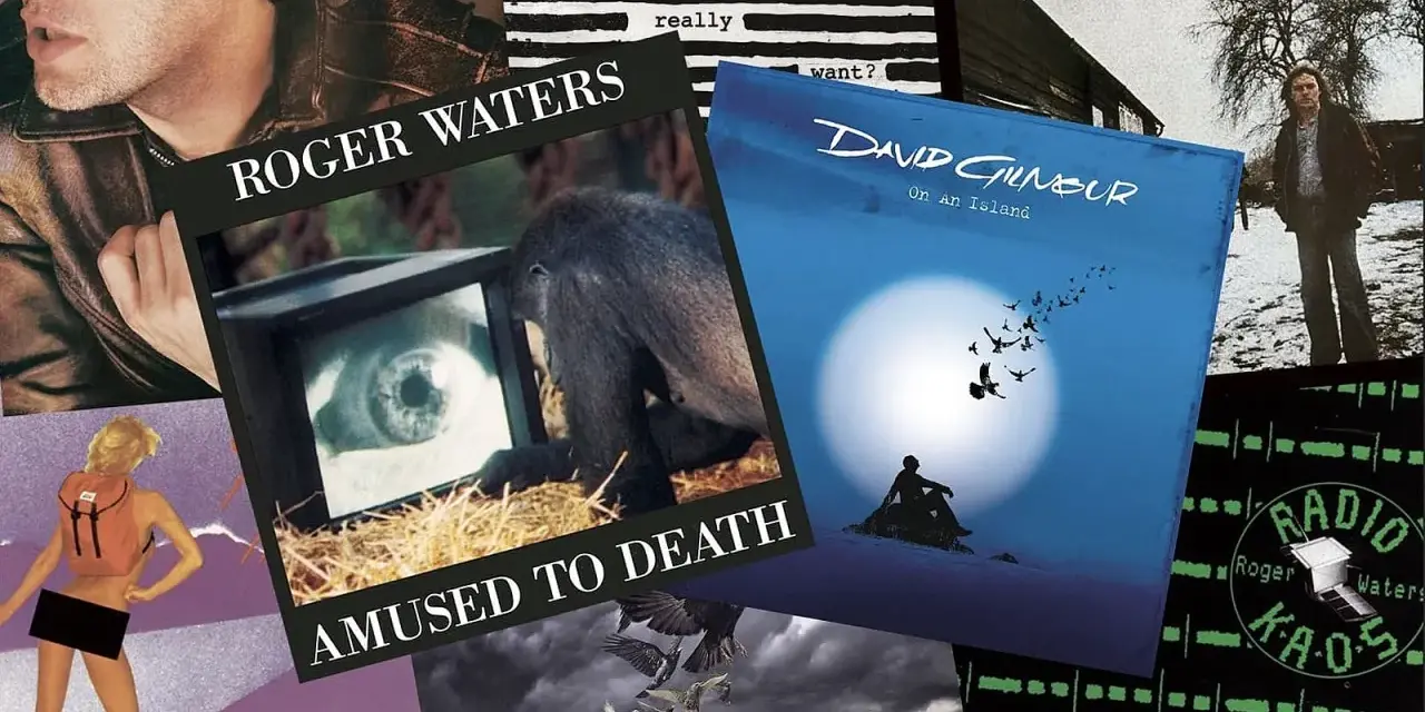 Collage d'albums de David Gilmour et Roger Waters, incluant "Amused to Death" et "On An Island".