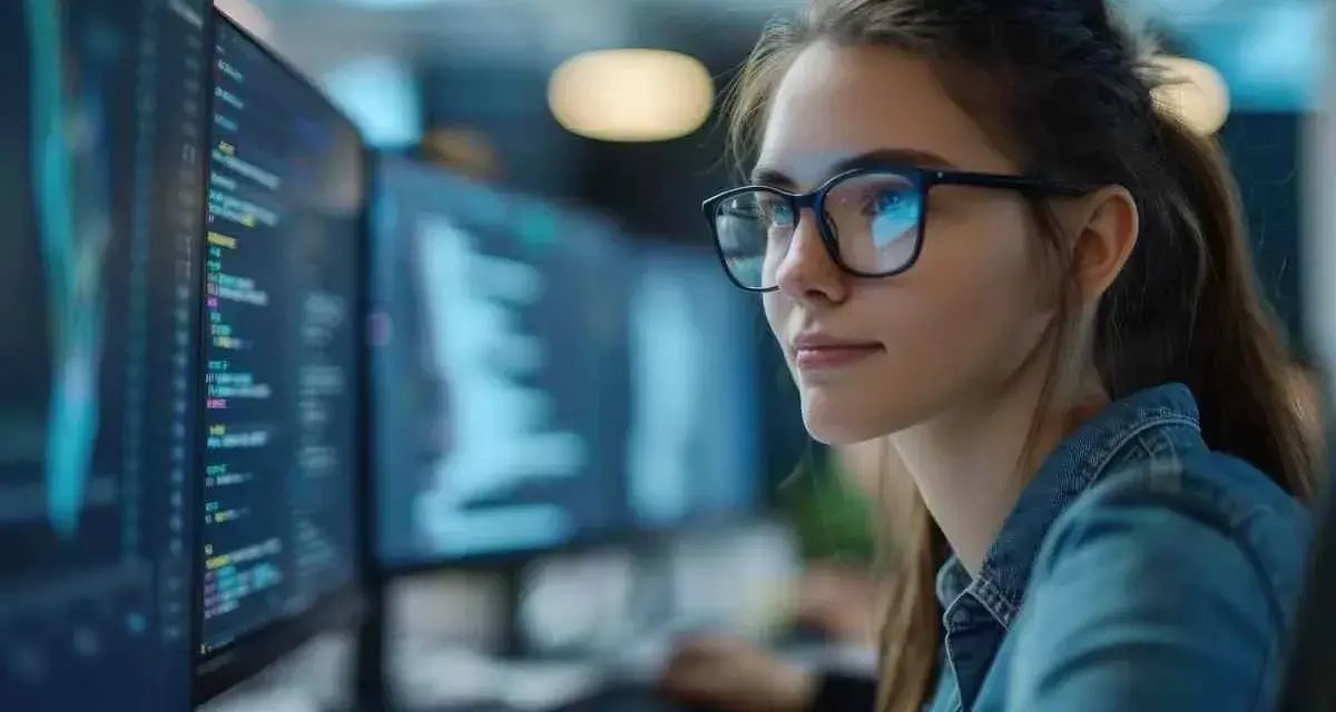 Une jeune femme programmeuse, tel une dj femme techno, travaille sur des lignes de code complexes devant plusieurs écrans lumineux.