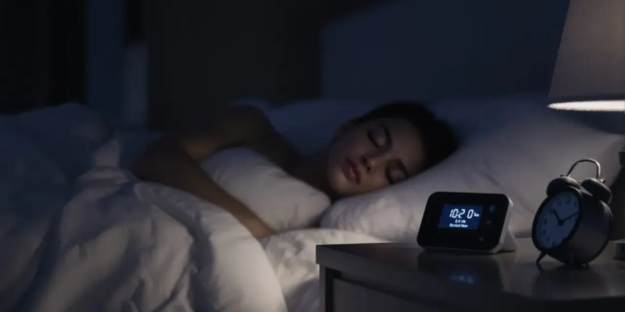 Une jeune femme dort paisiblement. Sur la table de nuit, un réveil affiche 10:20. La question est : combien de décibels pour dormir ?
