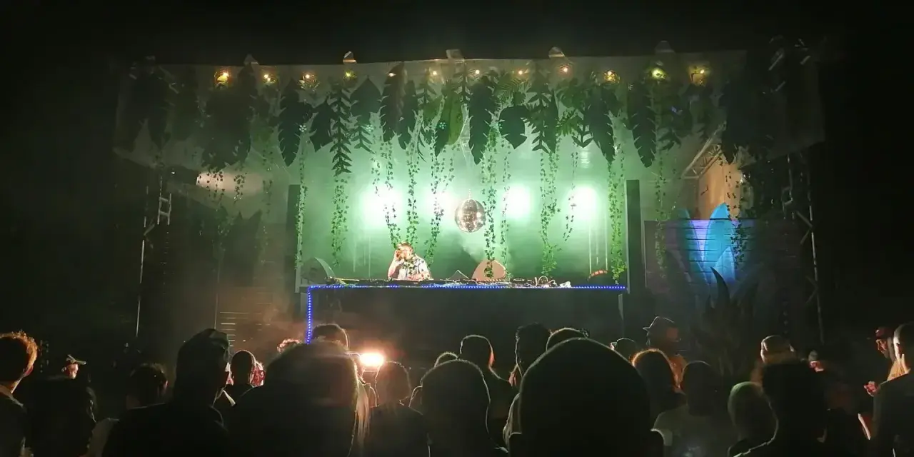 Une dj femme française enflamme la foule sous une décoration jungle. Lumières vertes, fumée et boule à facettes créent une ambiance festive.