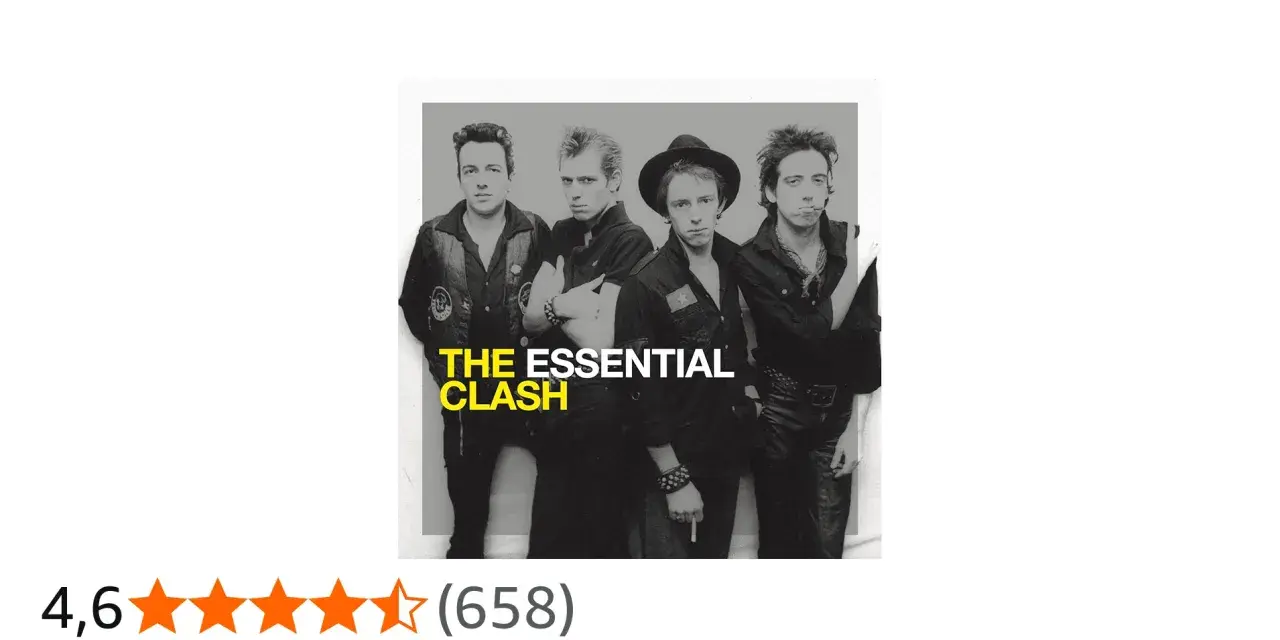 La pochette de l'album "The Essential Clash" présente les quatre membres du groupe dans un style punk emblématique.