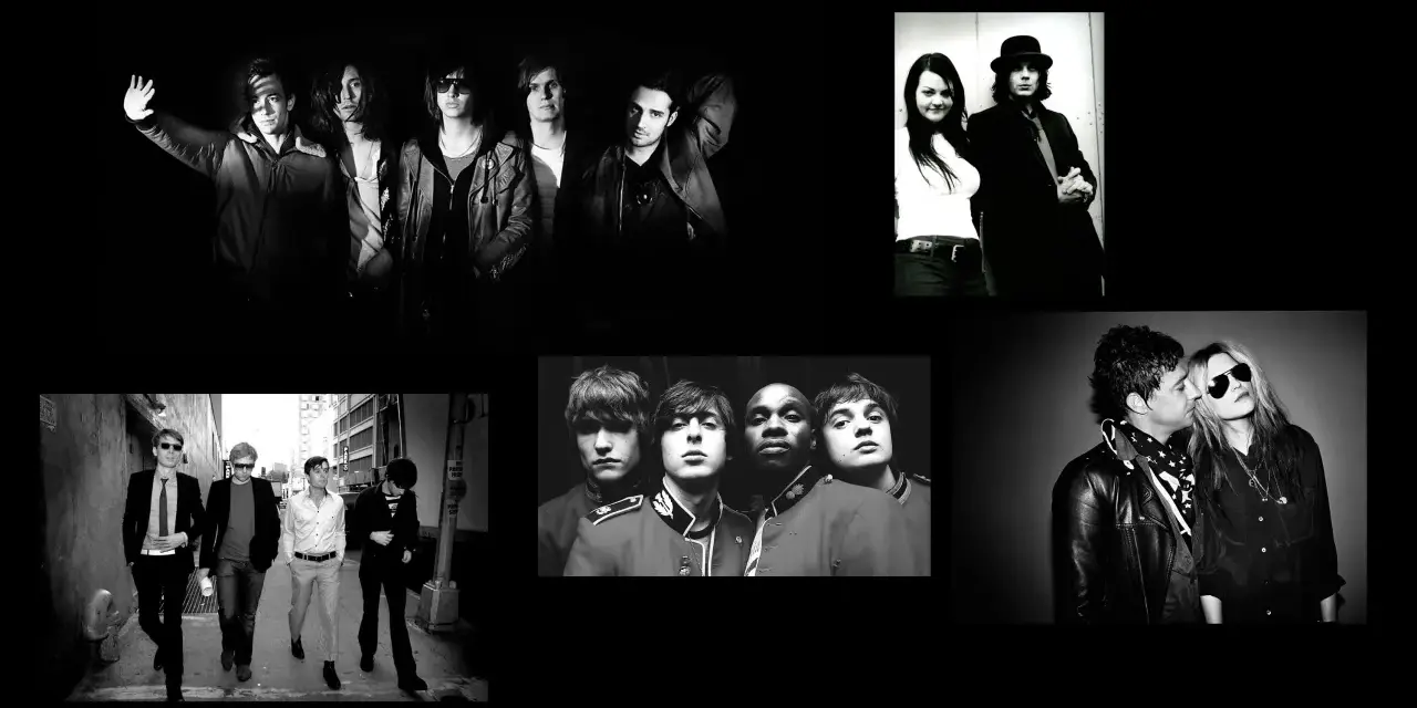 Un groupe rock français des années 2000, capturé dans des poses stylées, entre ombres et lumières.