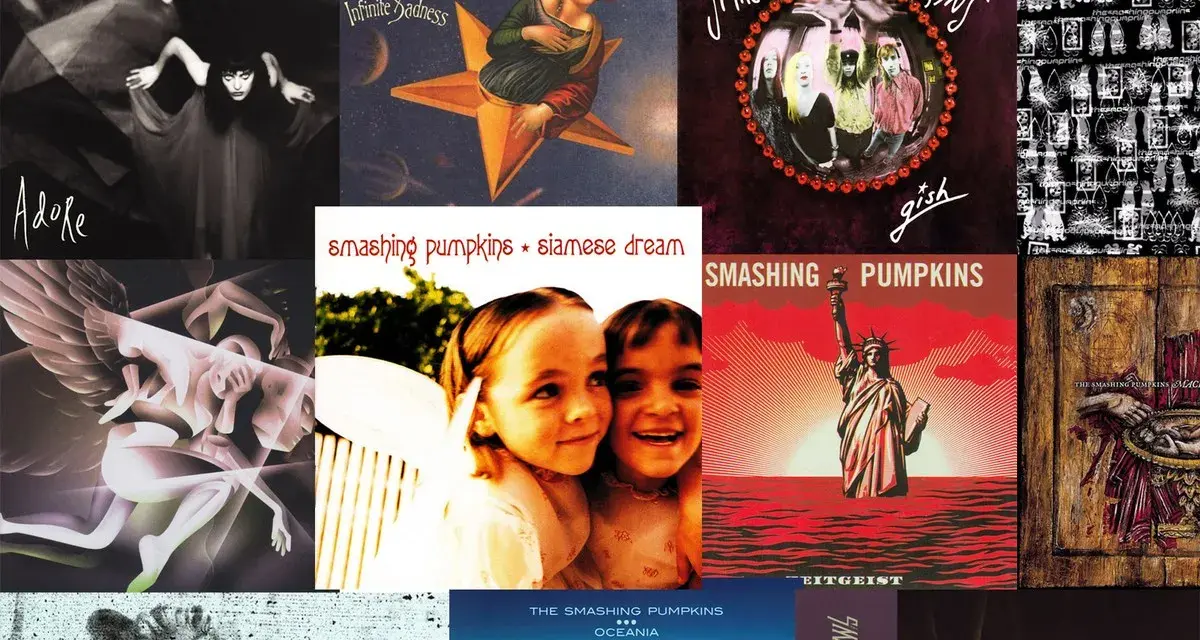 Compilation des pochettes d'albums emblématiques des Smashing Pumpkins, incluant "Siamese Dream" et "Mellon Collie and the Infinite Sadness".