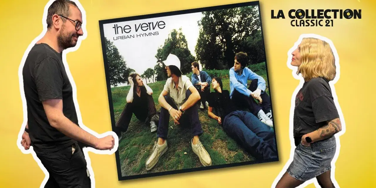 Un homme et une femme admirent la pochette de l'album "Urban Hymns" du chanteur The Verve.