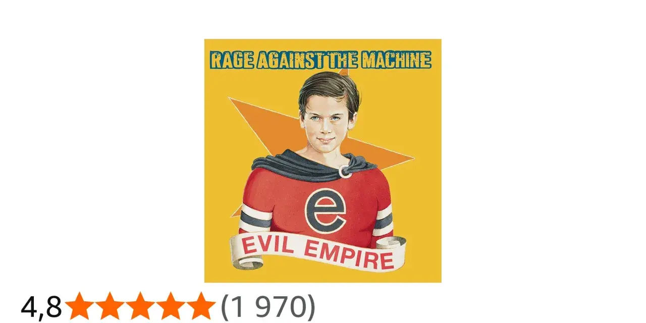 La pochette de l'album "Evil Empire" de Rage Against the Machine, avec un jeune garçon en costume de super-héros.
