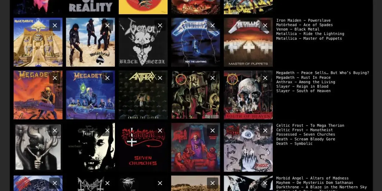 Collection des meilleurs albums de metal : Black Sabbath, Iron Maiden, Megadeth, Slayer, Metallica, et bien d'autres classiques.