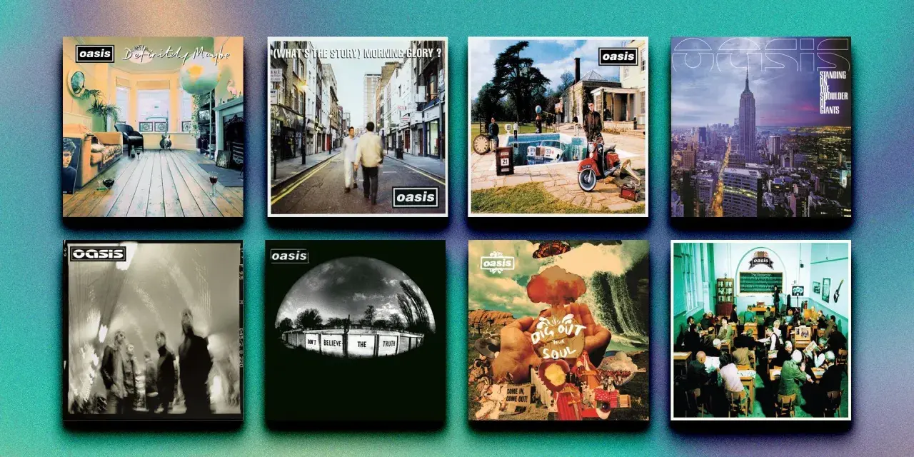 Huit pochettes d'albums emblématiques d'Oasis, dont "Definitely Maybe" et "(What's the Story) Morning Glory?", présentées sur un fond dégradé.