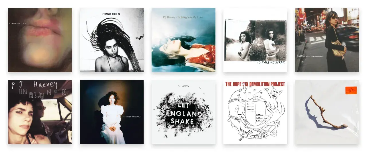 Collection de pochettes d'albums de PJ Harvey, allant de "Dry" à "The Hope Six Demolition Project", montrant son évolution artistique.