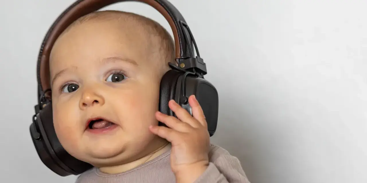 Un bébé curieux avec un casque anti-bruit. Quand utiliser un casque anti-bruit bébé à partir de quel âge ?