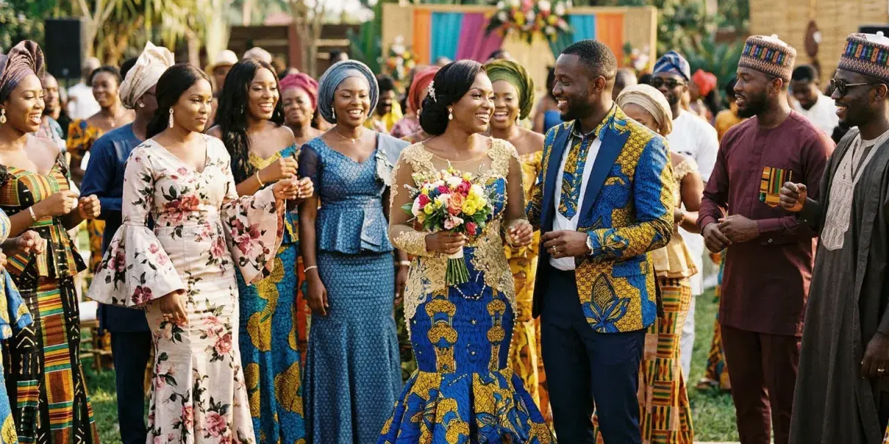 Mariage coloré avec un couple rayonnant. Les invités portent des tenues africaines vibrantes, rappelant un groupe africain connu en France.