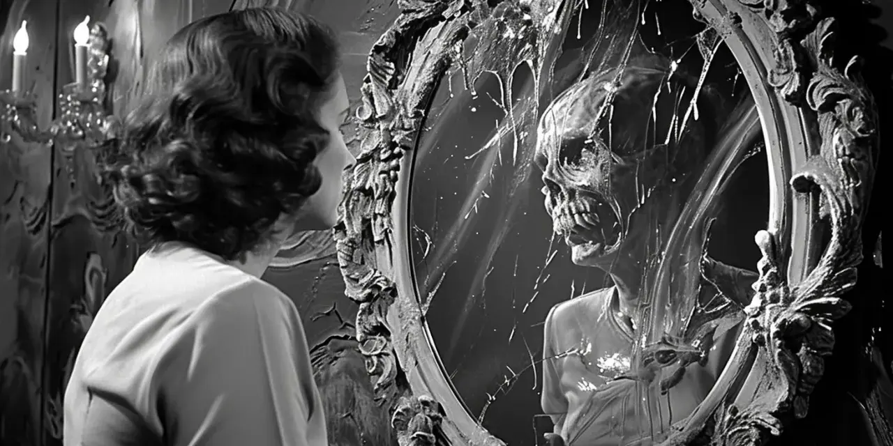 Une femme voit son reflet se transformer en un crâne décharné, une vision digne de Deathspell Omega.