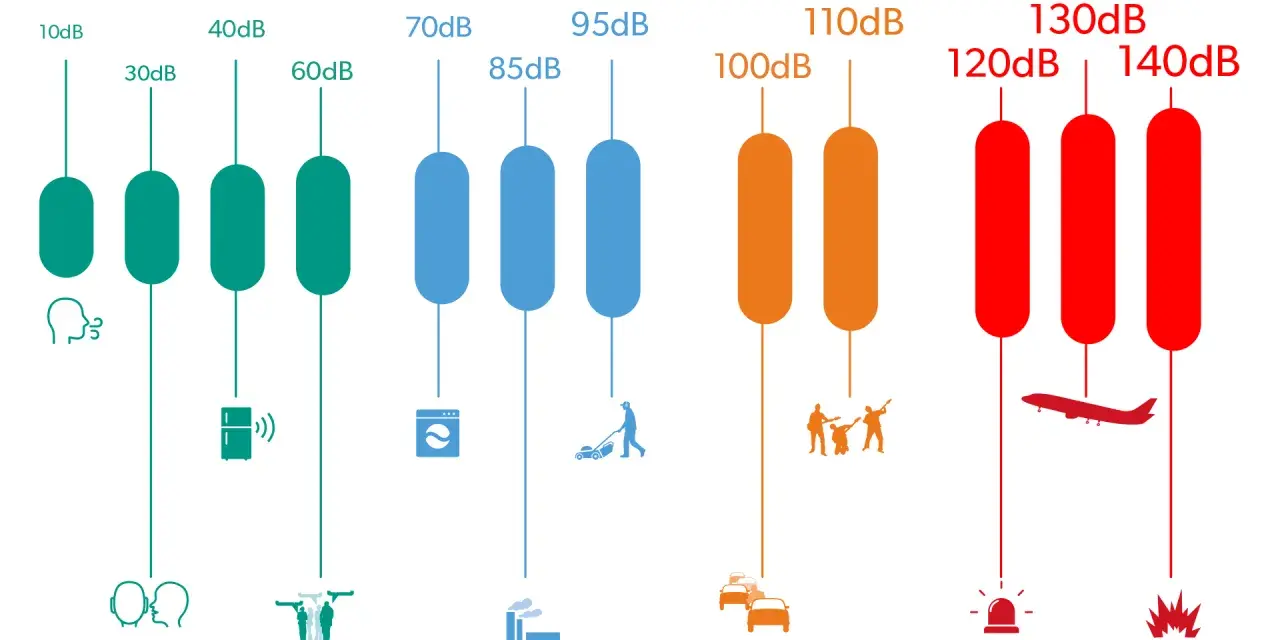 Onde sonore colorées traversant une oreille, montrant le chemin vers la cochlée. Un exemple de 100 dB.